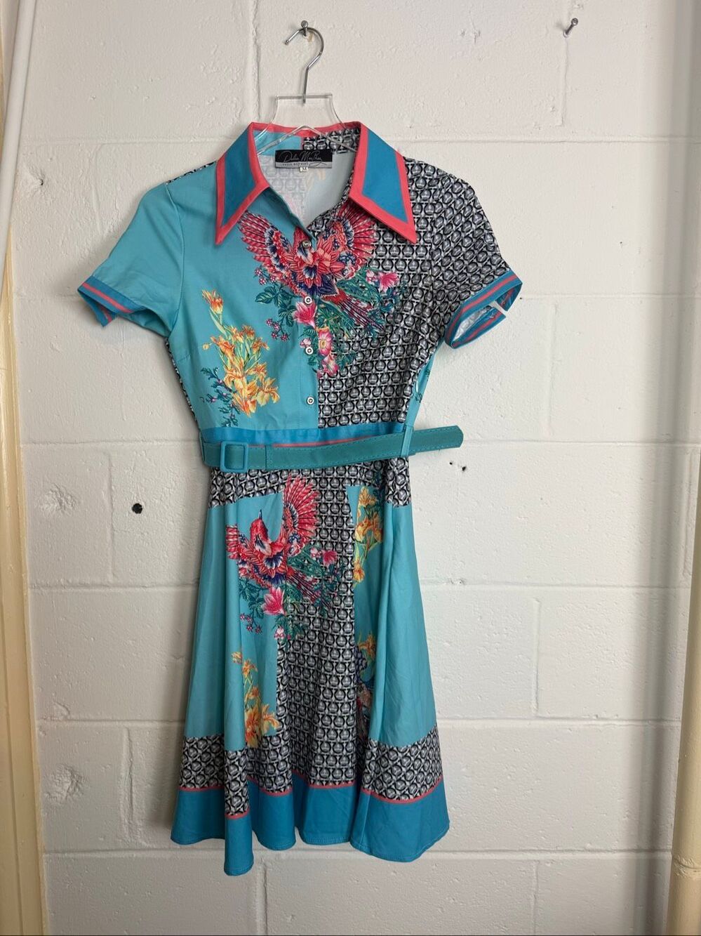 Dalia MacPhee Women’s M Belted Shirt Dress Turquoise Bird Floral Patchwork Retro